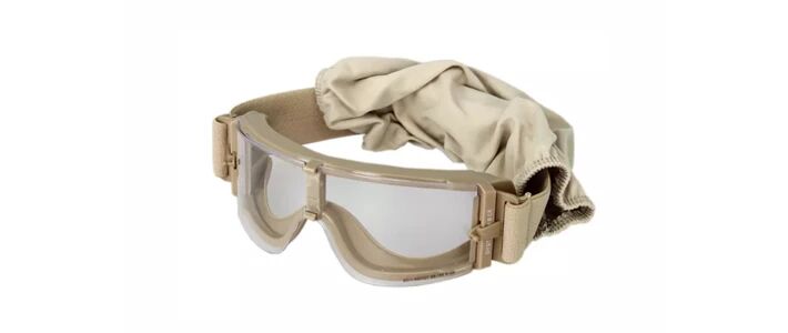 Tan protective mask ideal for airsoft, compliant with EN166B standard.