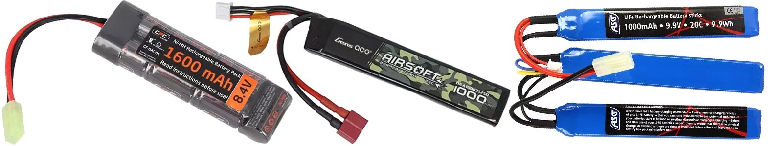 Different models of airsoft batteries