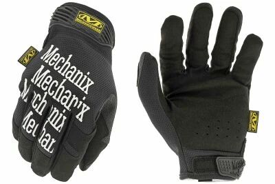 Mechanix black gloves with white lettering